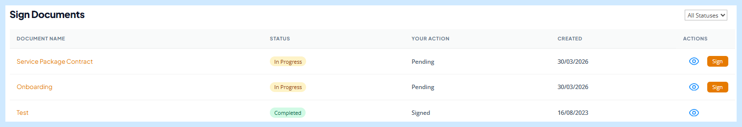 Zoho Sign document list