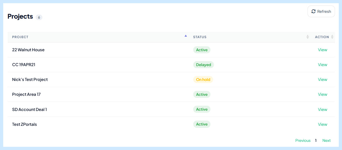 Portal user viewing the Projects list