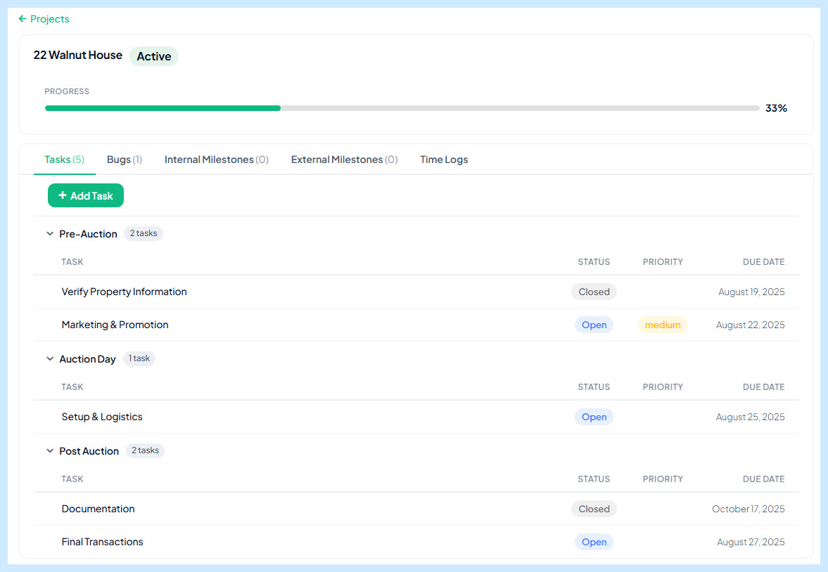 Portal user viewing the Projects list