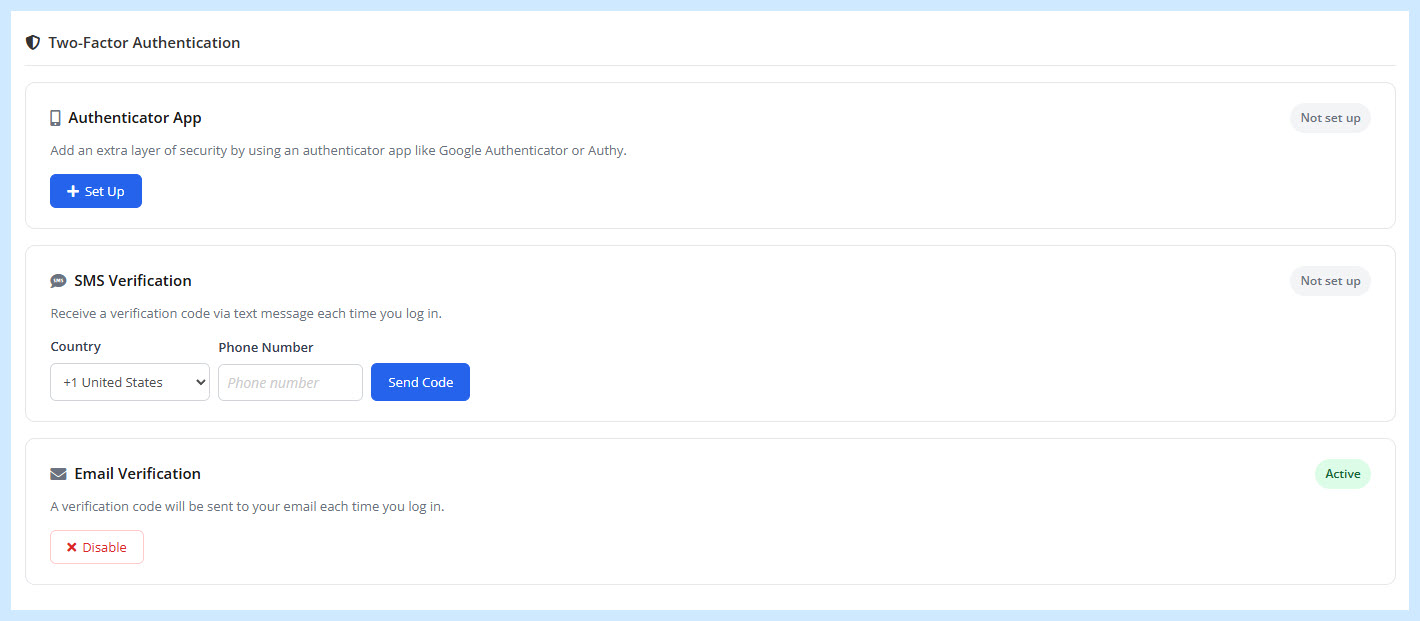 A portal user's security settings page showing the Authenticator App, SMS, and Email enrollment cards.