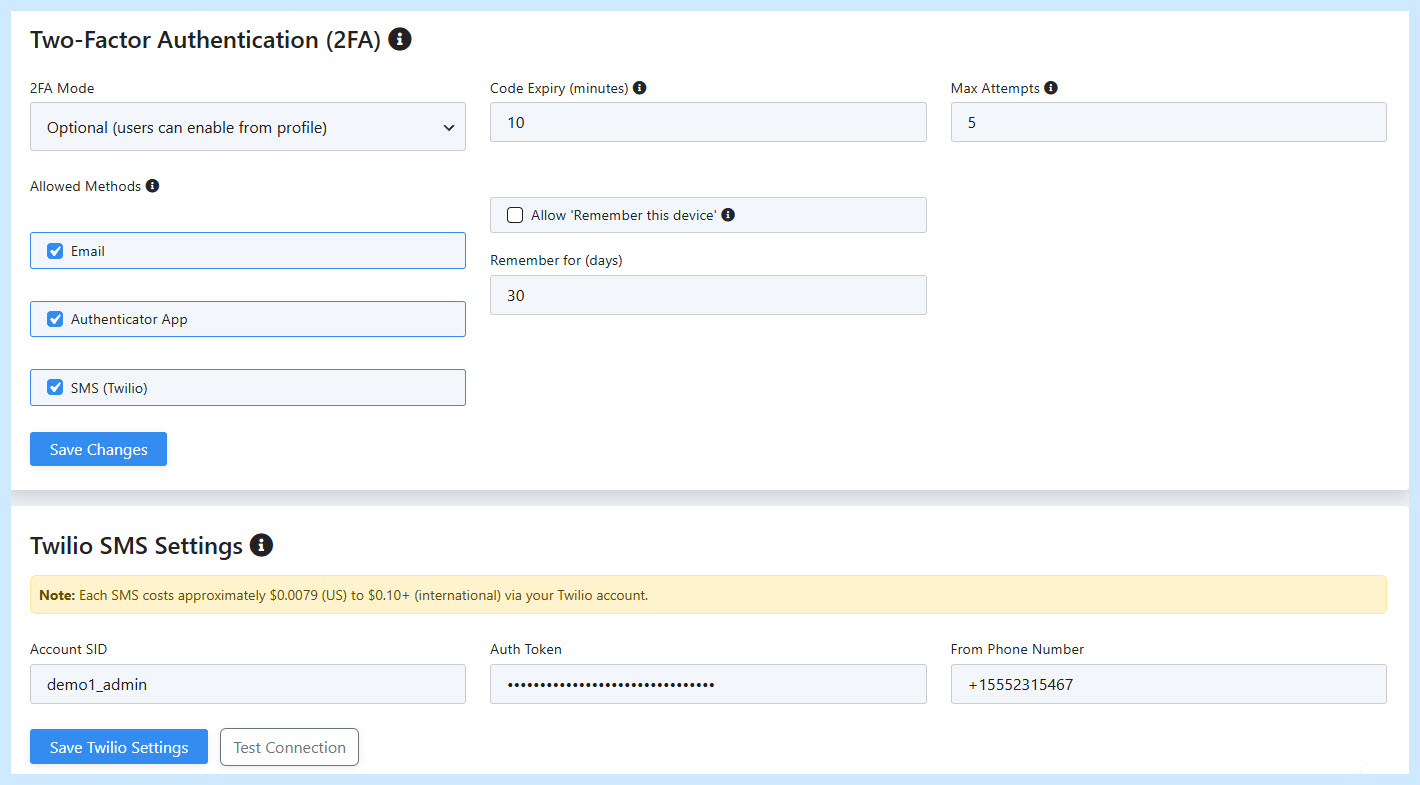 The ZPortals admin Two-Factor Authentication panel under Portal Setup > User Settings, with the mode dropdown and method checkboxes.”>
    </div>
<h3>Step 2: Choose Which Methods to Allow</h3>
<p>
      Below the mode dropdown, three checkboxes let you decide which verification methods are available to your users.
    </p>
<ul>
<li><strong>Email</strong> is on by default and works out of the box, since ZPortals already sends portal email through whatever mailer your WordPress site uses.</li>
<li><strong>Authenticator App (TOTP)</strong> has no external dependency. Tick the box and it is available.</li>
<li><strong>SMS</strong> is gated behind Twilio credentials. The checkbox is disabled until you configure Twilio in the section below.</li>
</ul>
<p>
      Most portals turn on Email and TOTP from day one, and add SMS only if a meaningful share of their users are not comfortable installing an authenticator app.
    </p>
<h3>Step 3: (Optional) Configure Twilio for SMS</h3>
<p>
      If you want SMS verification, scroll to the <strong>Twilio Credentials</strong> section right below the 2FA panel and paste in your Account SID, Auth Token, and From Number from your Twilio console. The auth token is encrypted before it lands in the database, so it is never readable in plain text afterward.
    </p>
<p>
      Twilio’s free trial covers more than enough volume for small portals to evaluate the integration. Production volume on a hundred-user portal typically runs a few dollars a month.
    </p>
<h3>Step 4: Tune the Behavior</h3>
<p>
      A few extra settings let you adjust the feel of the flow.
    </p>
<ul>
<li><strong>Code expiry (minutes).</strong> How long a sent email or SMS code stays valid. Five to thirty minutes, default ten.</li>
<li><strong>Max wrong attempts.</strong> Three to ten wrong code entries before the session locks. Default five.</li>
<li><strong>Allow “Remember this device”.</strong> When ticked, the verification form shows a checkbox that skips 2FA on the same browser for a configurable number of days.</li>
<li><strong>Remember days.</strong> One to ninety days for the trusted-device cookie. Default thirty.</li>
</ul>
<p>
      Pick the values that match your risk tolerance and save the settings. Behind the scenes, ZPortals stores them in the same configuration blob that holds the rest of your user settings, so they version cleanly with your other portal config.
    </p>
<h3>Step 5: Customize the Email Template (Optional)</h3>
<p>
      Go to <strong>ZPortals > Portal Setup > Email Notifications</strong>, find the <strong>Two-Factor Authentication</strong> tab, and edit the template that ZPortals sends when a user requests an email code. The template supports four merge tags: <code>${First_Name}</code>, <code>${OTP_CODE}</code>, <code>${BRAND_NAME}</code>, and <code>${OTP_EXPIRY_MINUTES}</code>. Match the styling to the rest of your portal emails so the code arrives in something the user recognizes.
    </p>
<div class=