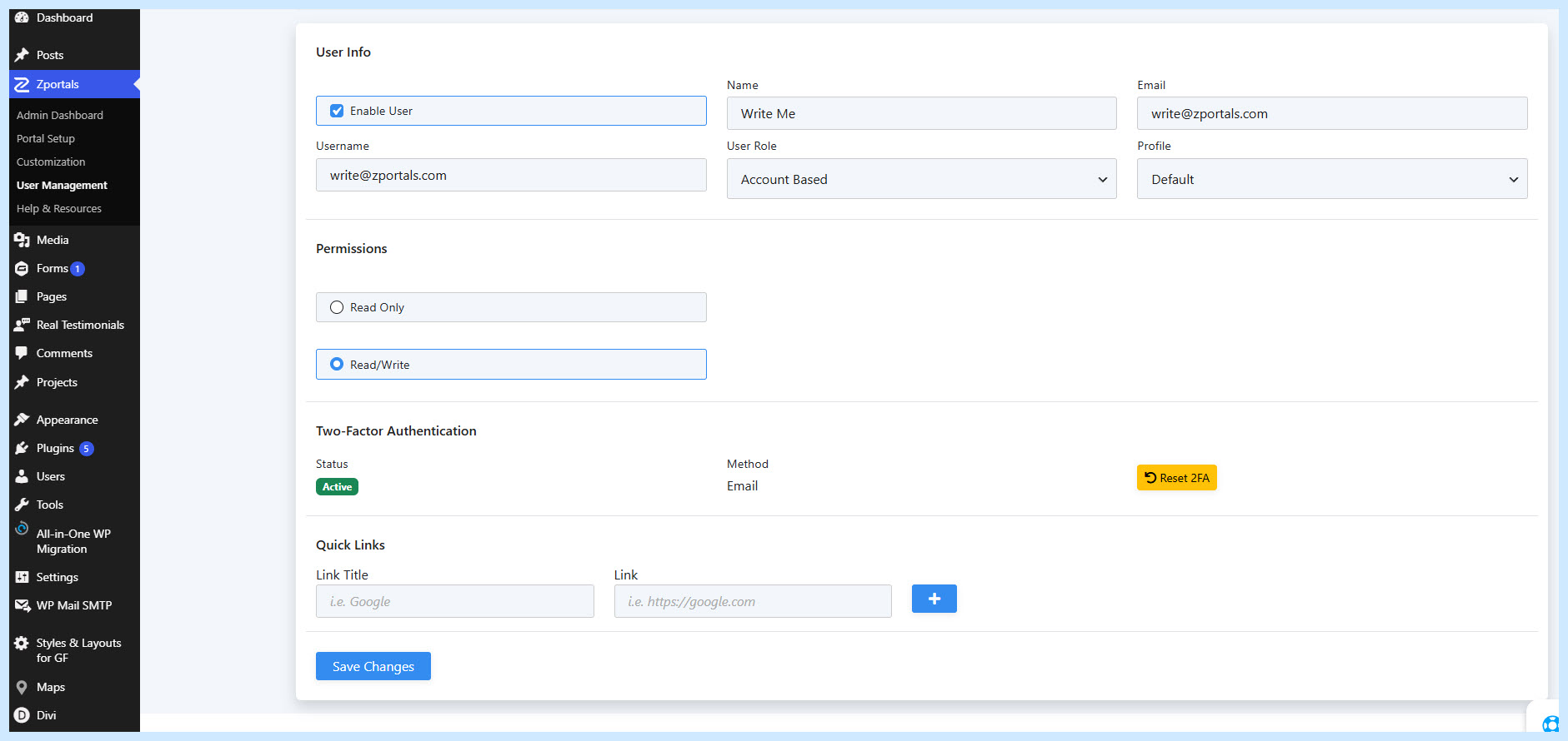 A portal user's two-factor setup page showing the available verification methods and trusted device options.