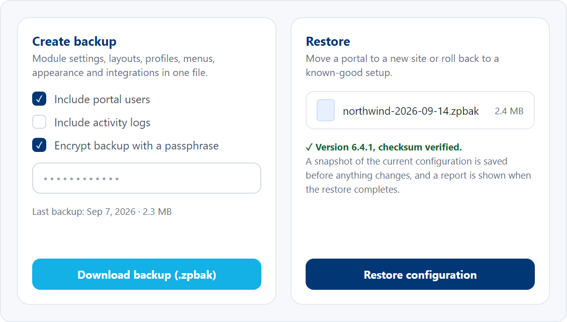 Backup and Restore admin page with backup options on the left and a restore form on the right