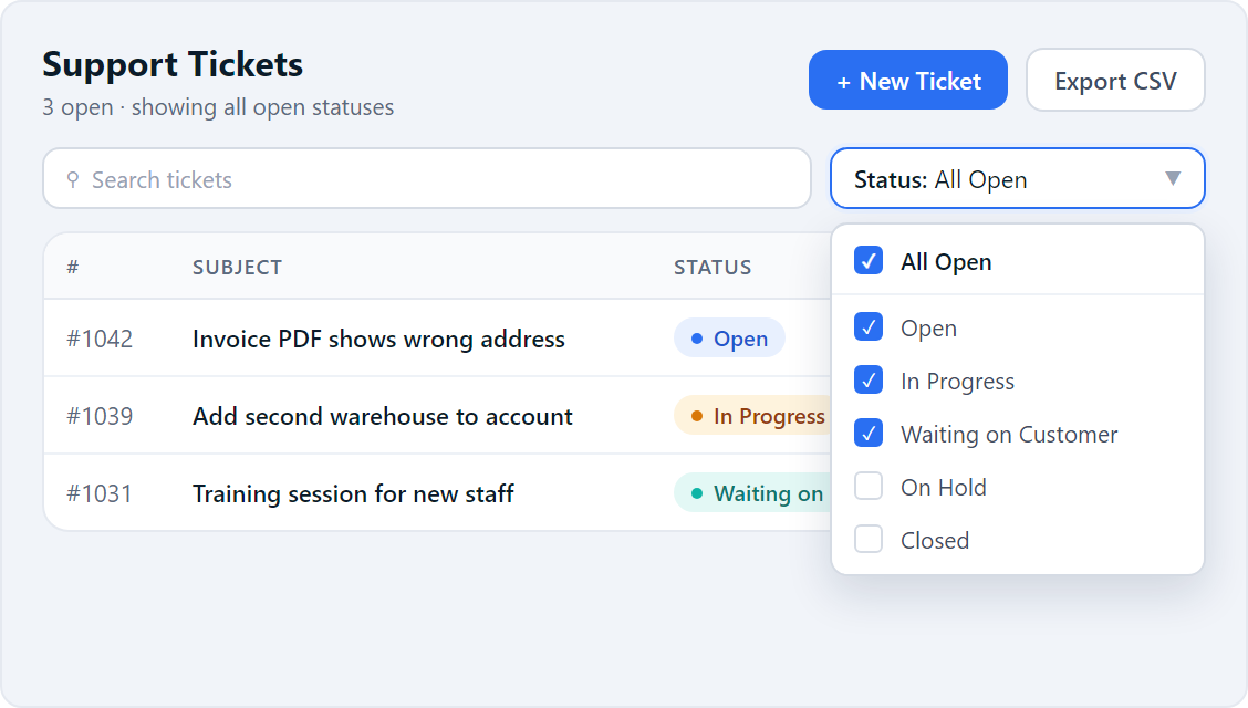 Desk ticket list with the multi-select status filter open and All Open selected