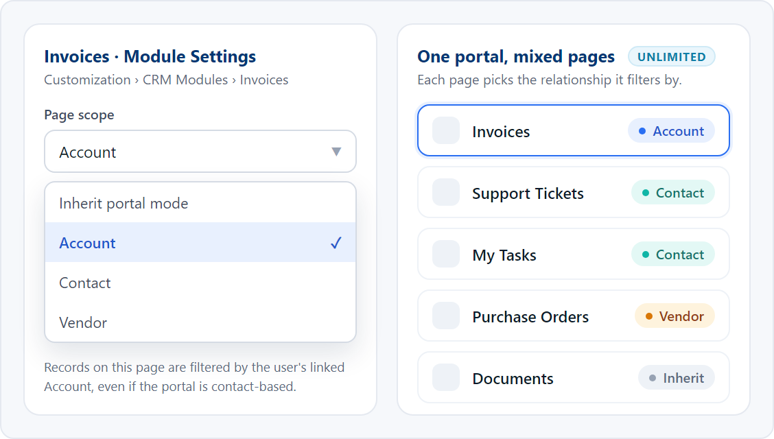 Page scope selector in module settings next to a list of portal pages scoped by Account, Contact, or Vendor