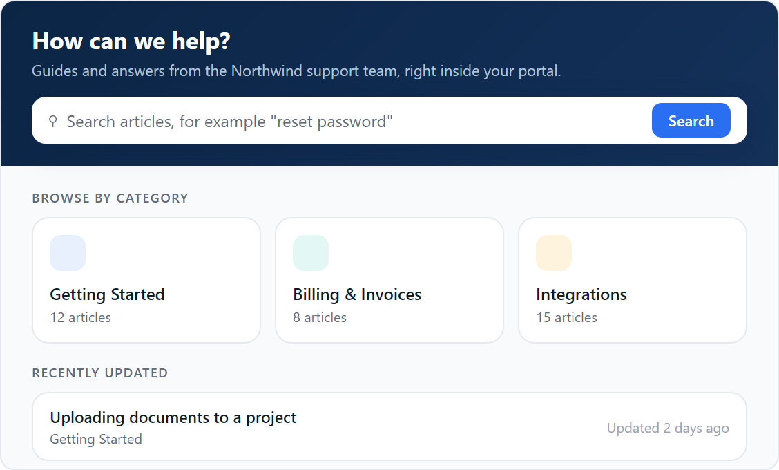 Knowledge Base page with a search bar, category cards, and a recently updated articles list