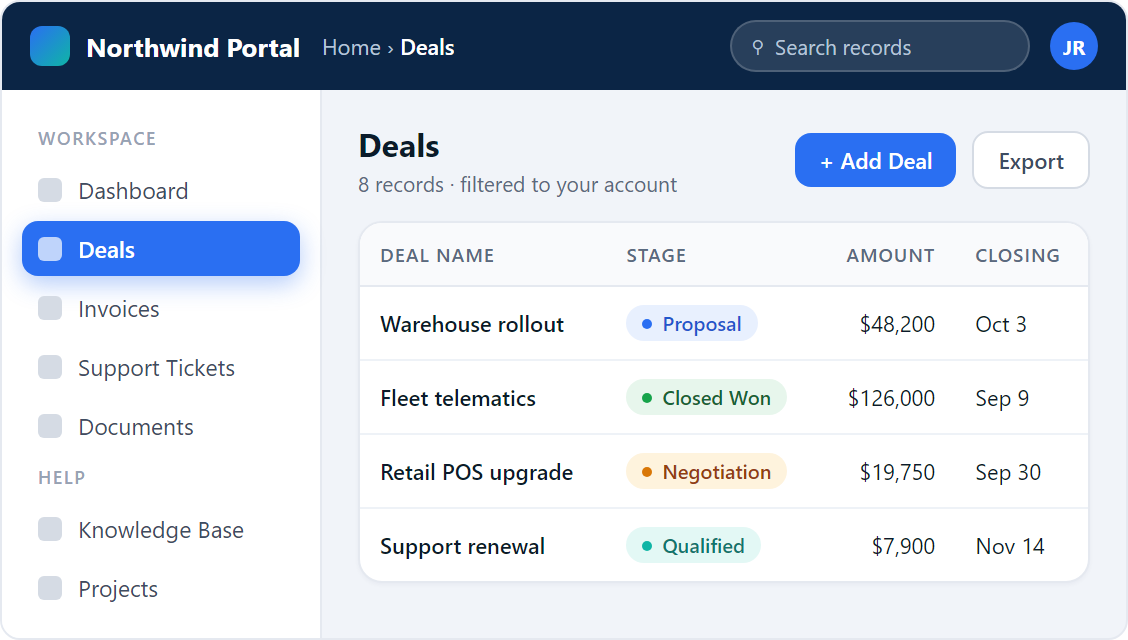 Premium Theme: vertical sidebar navigation, navy top bar, and a white record list card
